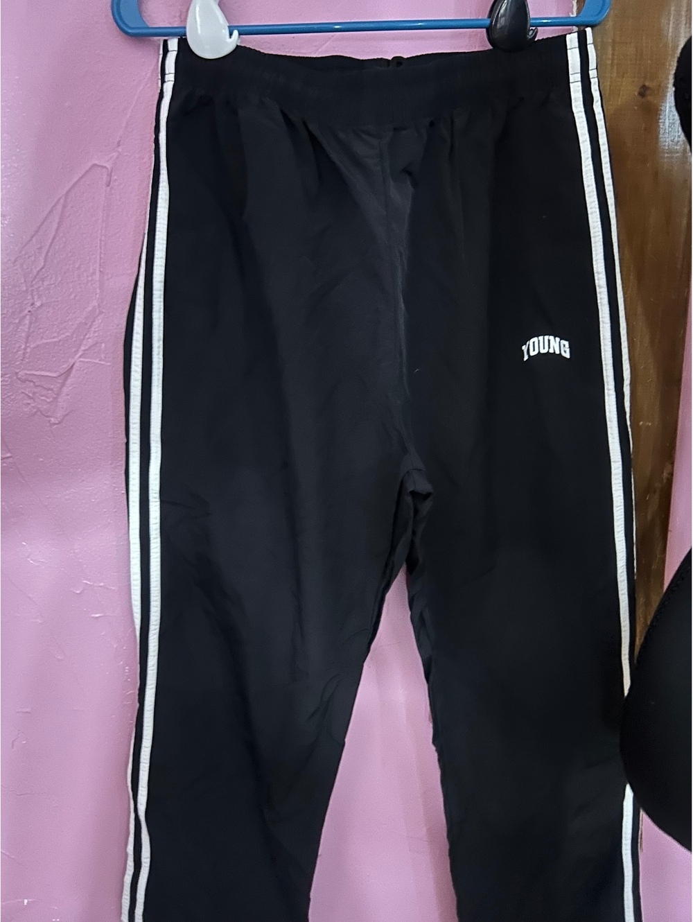 Black Athletic Pants with White Side Stripes and YOUNG Print, 100% Polyester, Sz